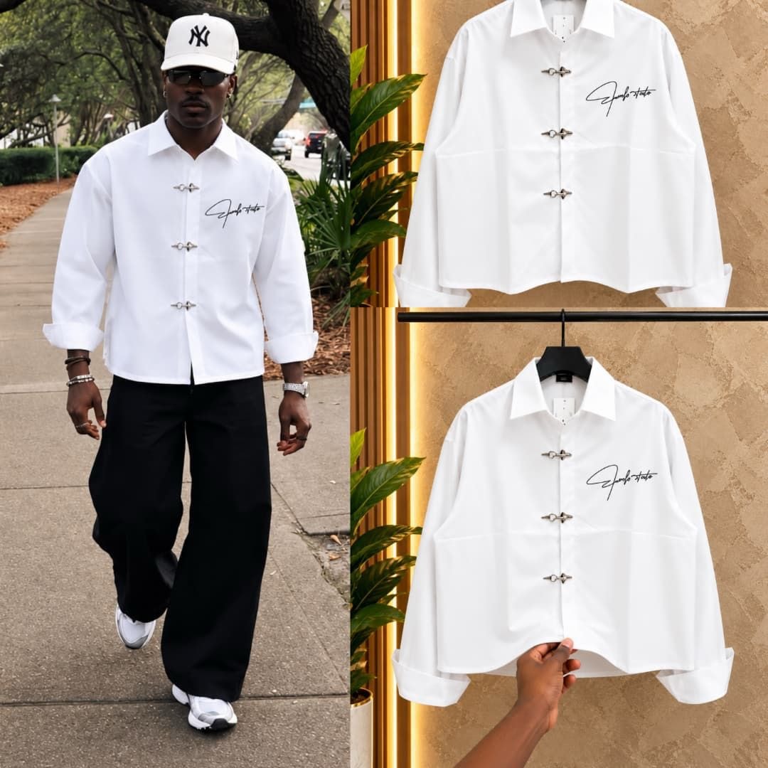 Man modeling white cropped toggle button shirt on street with product flat lays.