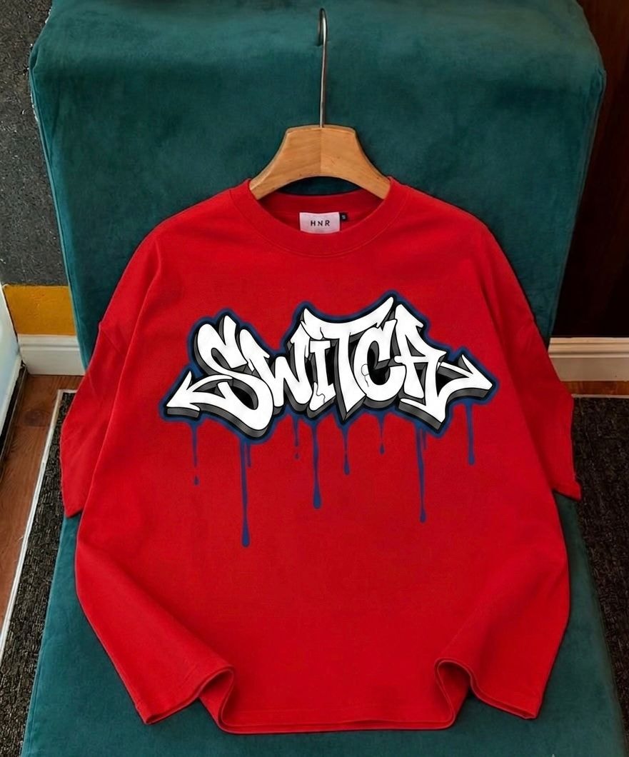 Red long sleeve top with Switch graffiti print.