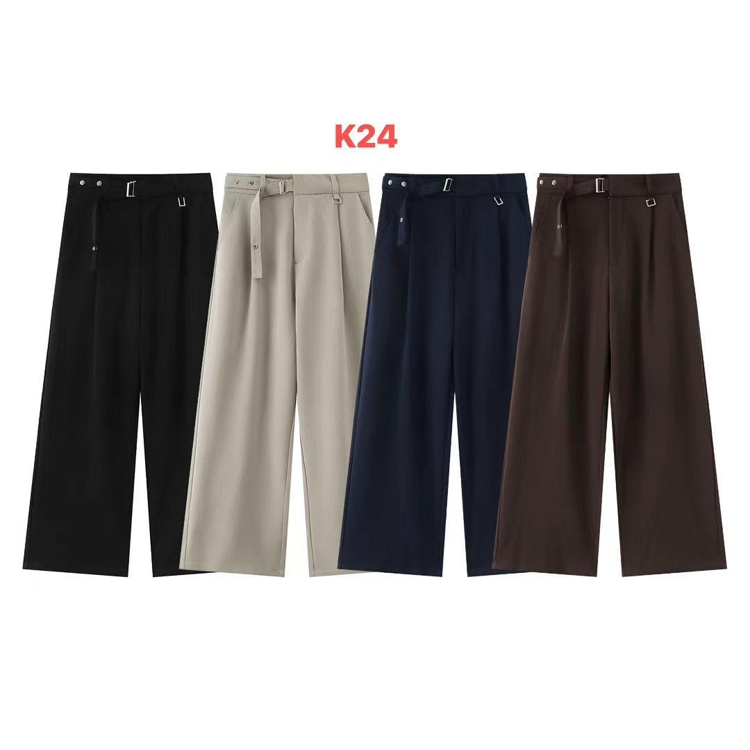 Four wide-leg trousers in black, beige, navy, and brown with belts and pleats.
