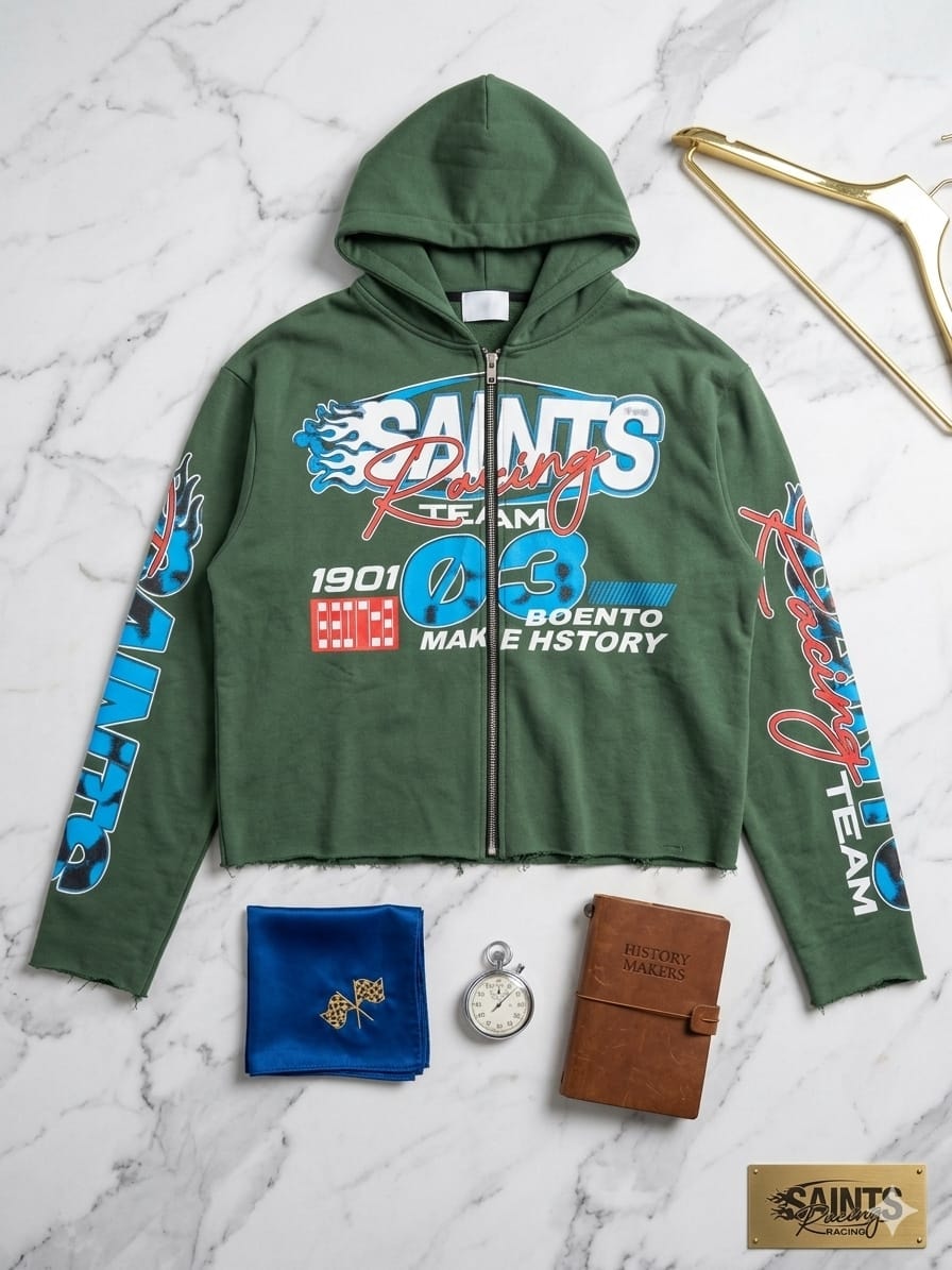 Green cropped zip hoodie with SAINTS Racing graphics and accessories on marble.