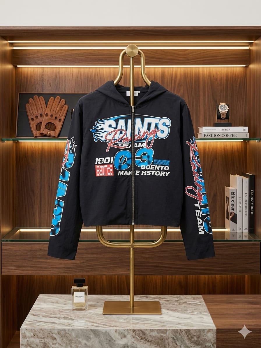 Black cropped zip hoodie with SAINTS Racing Team prints on gold stand.