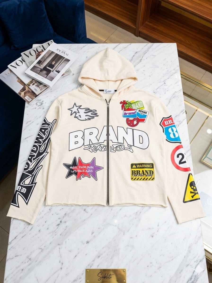 Cream cropped zip hoodie with BRAND graphics, flame sleeve and star patches.