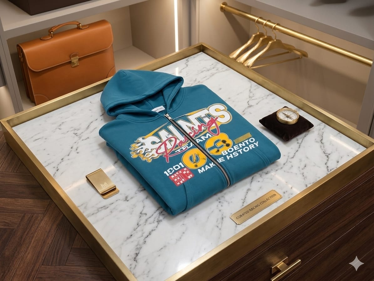 Folded teal racing cropped zip hoodie displayed in gold tray with accessories.