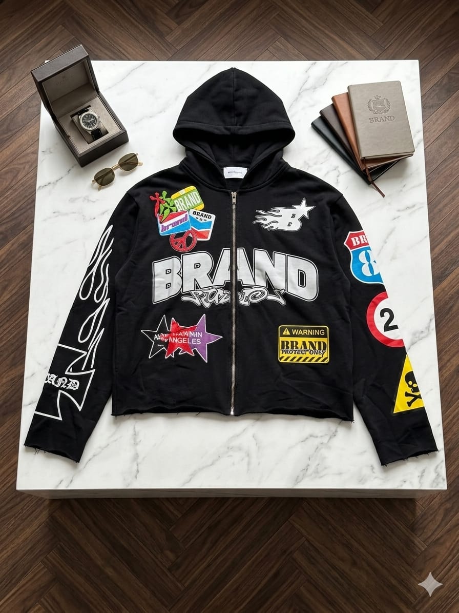 Black cropped zip hoodie with BRAND text, star patch and warning label.