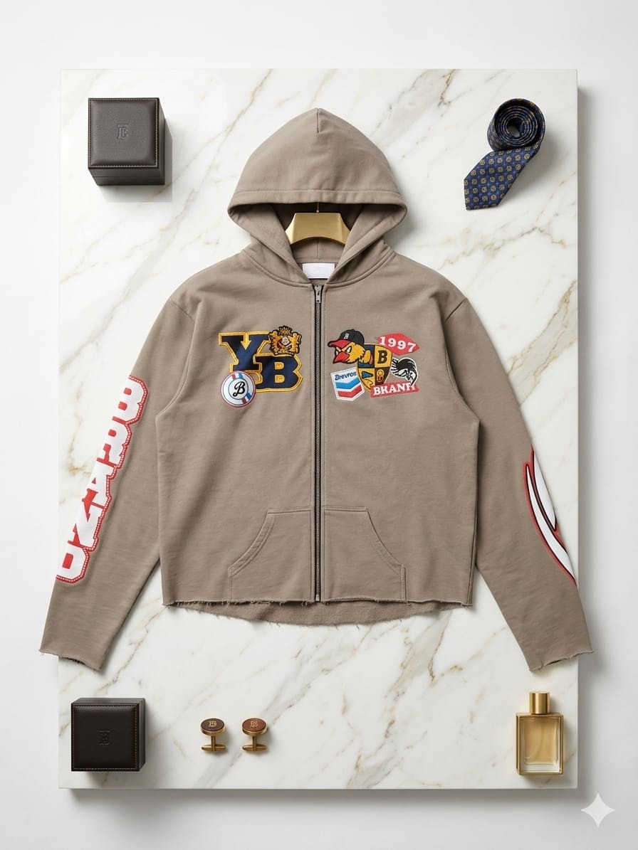 Beige cropped zip hoodie with YB and bird patches styled flat with tie, cufflinks and perfume.