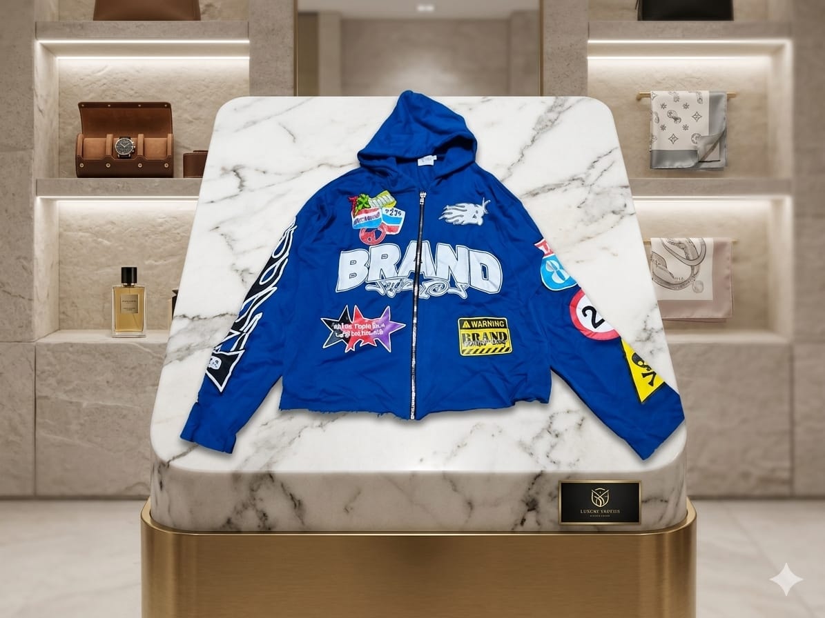 Blue cropped zip hoodie with BRAND patches and graphic prints on marble pedestal.