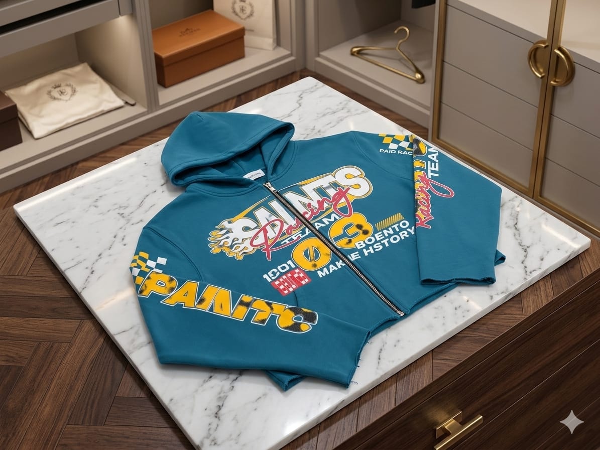 Teal cropped zip hoodie with racing prints laid on marble in modern closet setting.
