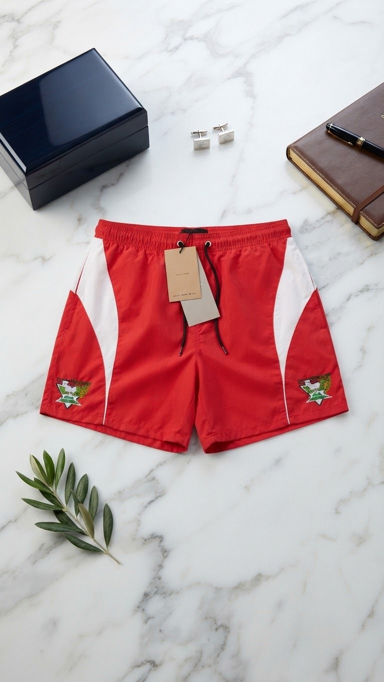 Red contrast panel shorts with embroidered crests on marble surface.