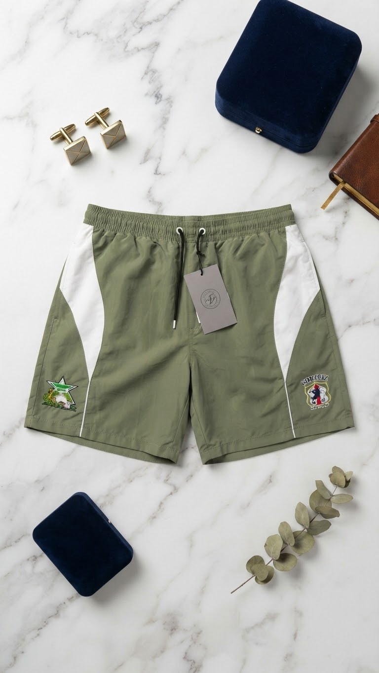 Olive contrast panel shorts with crest embroidery and styling items.