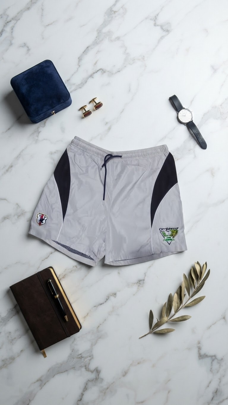 Gray contrast panel shorts with black side panels and crest details.