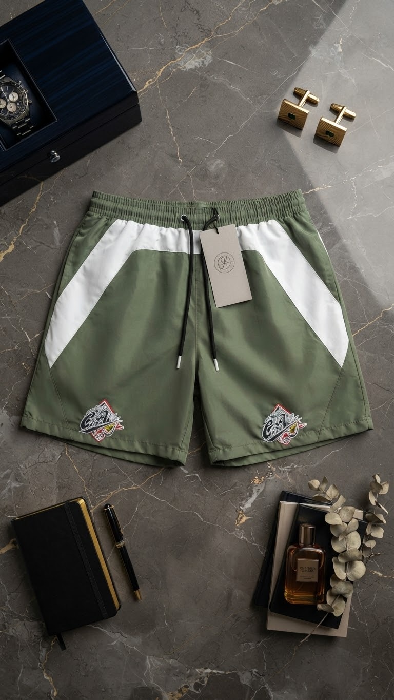 Olive green contrast panel shorts with embroidered crests and props.