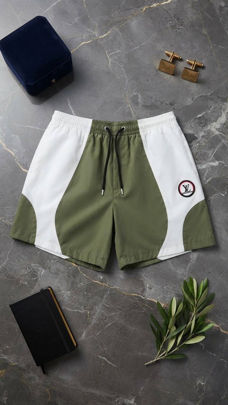 Olive and white colorblock shorts with LV logo patch on marble.