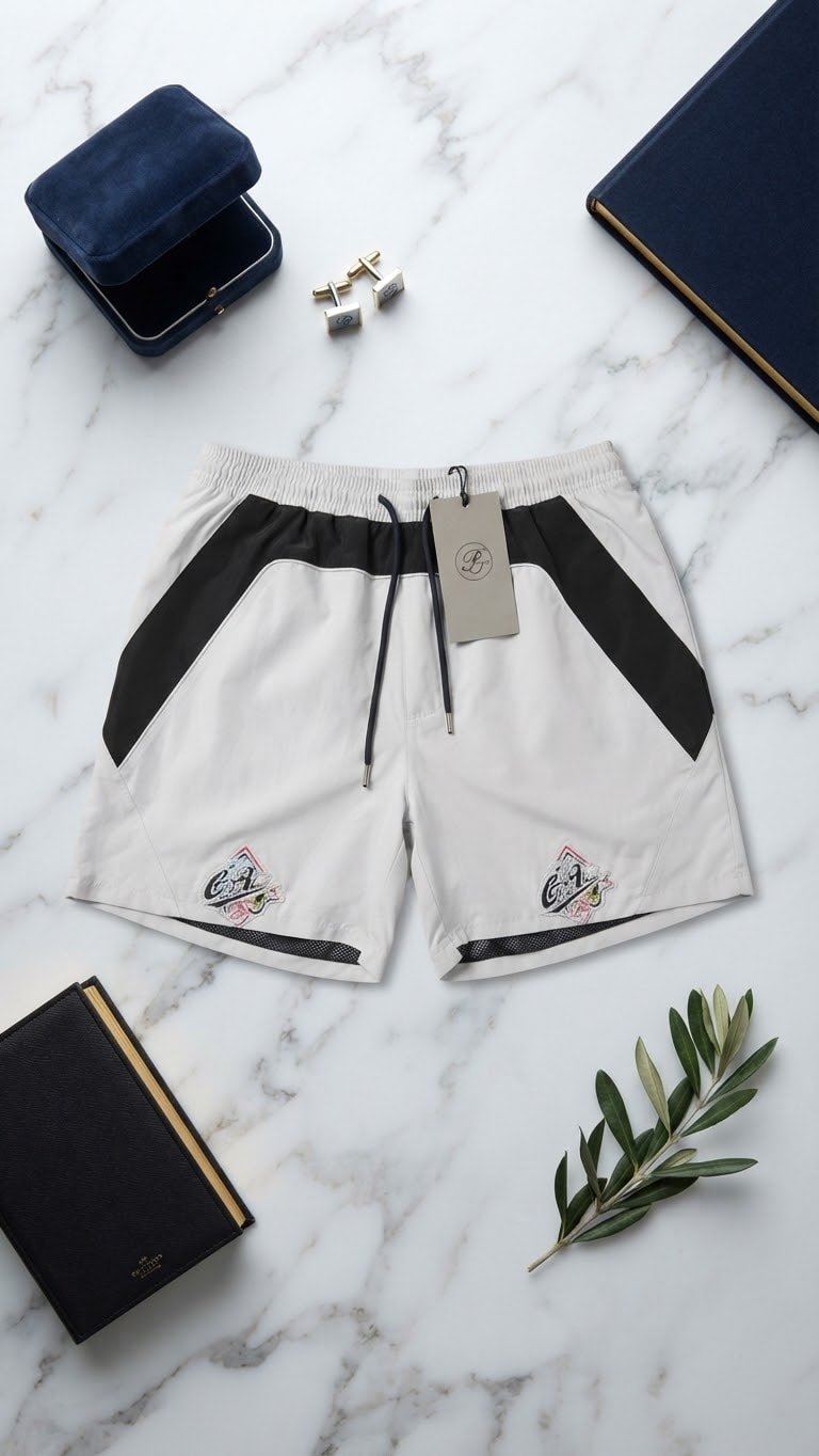 White contrast panel shorts with black side panels and embroidered crests.
