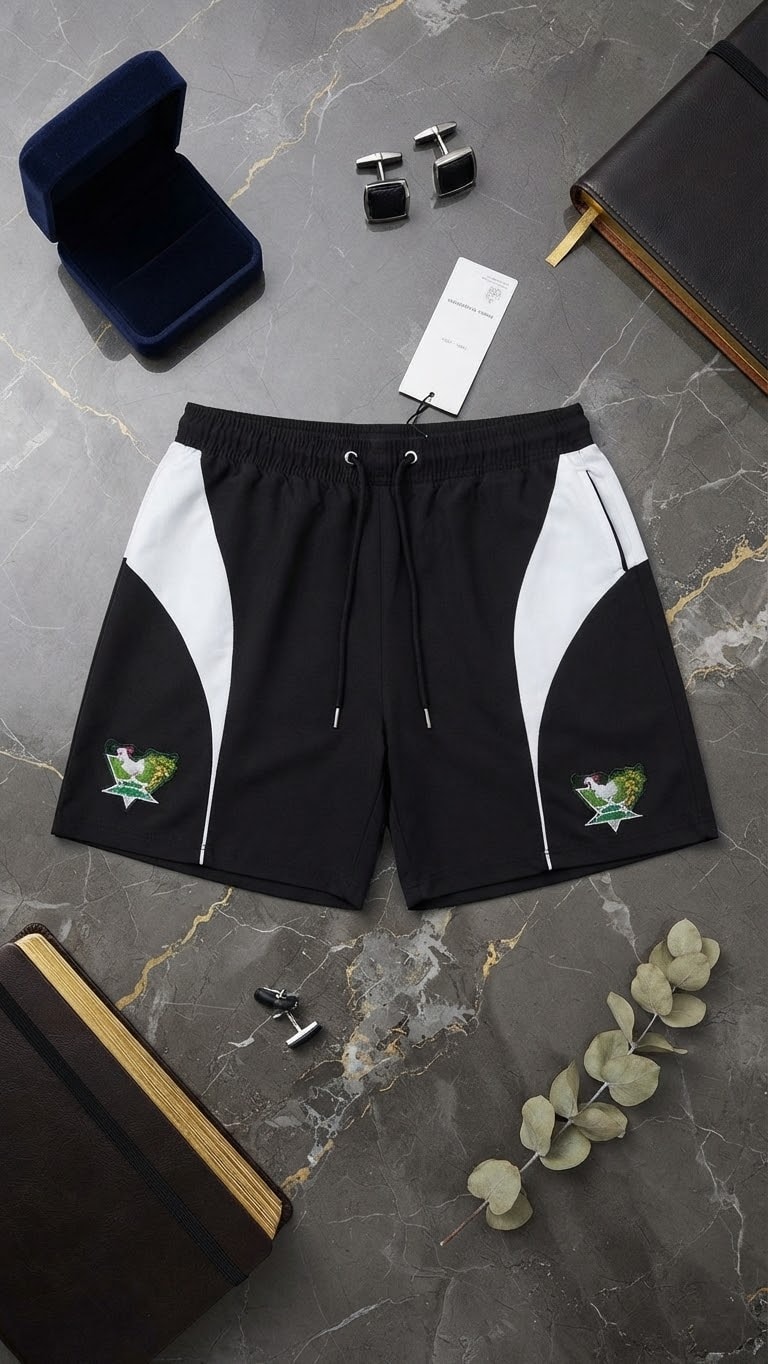 Black contrast panel shorts with star crest embroidery and accessories.