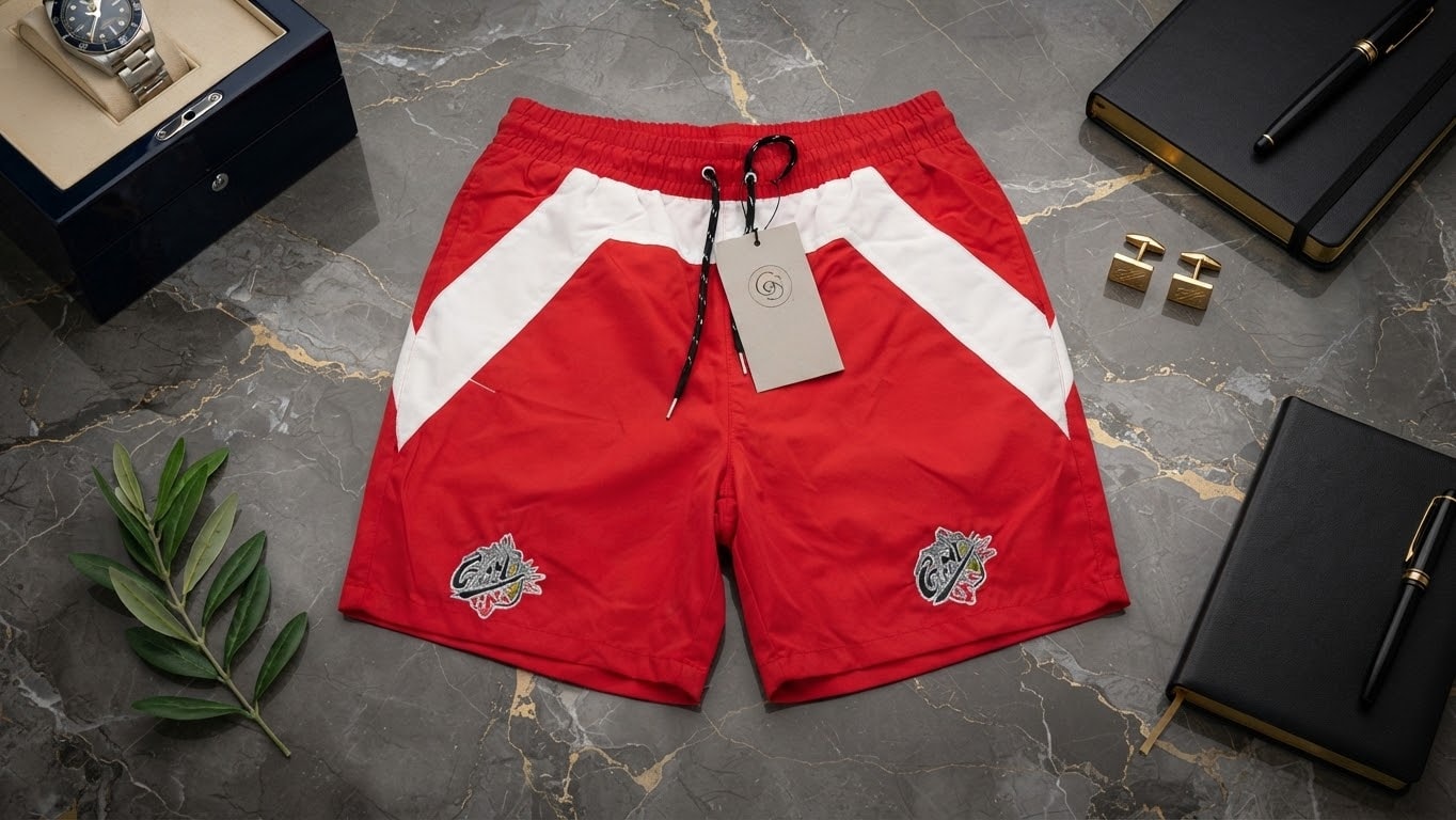 Red contrast panel shorts with embroidered crests and styling props.