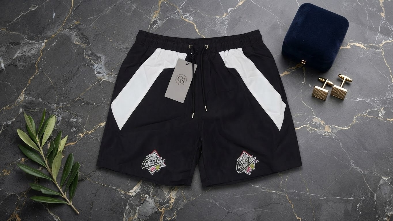 Black contrast panel shorts with embroidered crests on marble background.