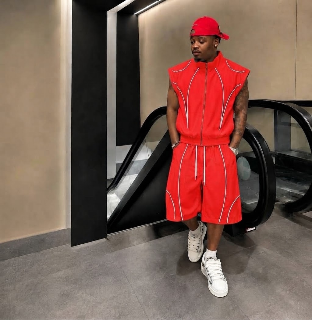 Man modeling red sleeveless zip-up vest and shorts with white contrast piping.