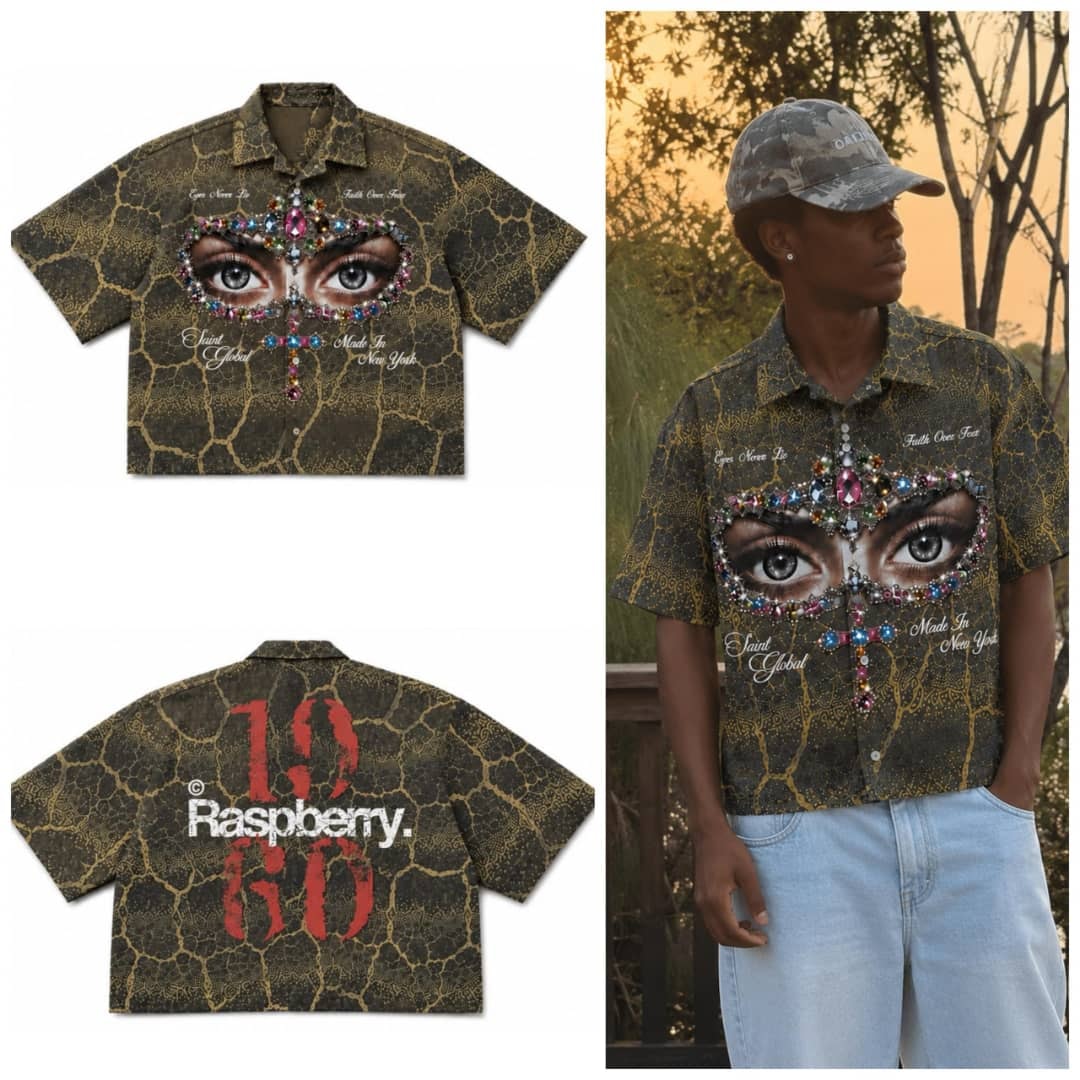 Olive crackle print short sleeve shirt with jeweled eyes and cross graphic shown in flat lays and on model.