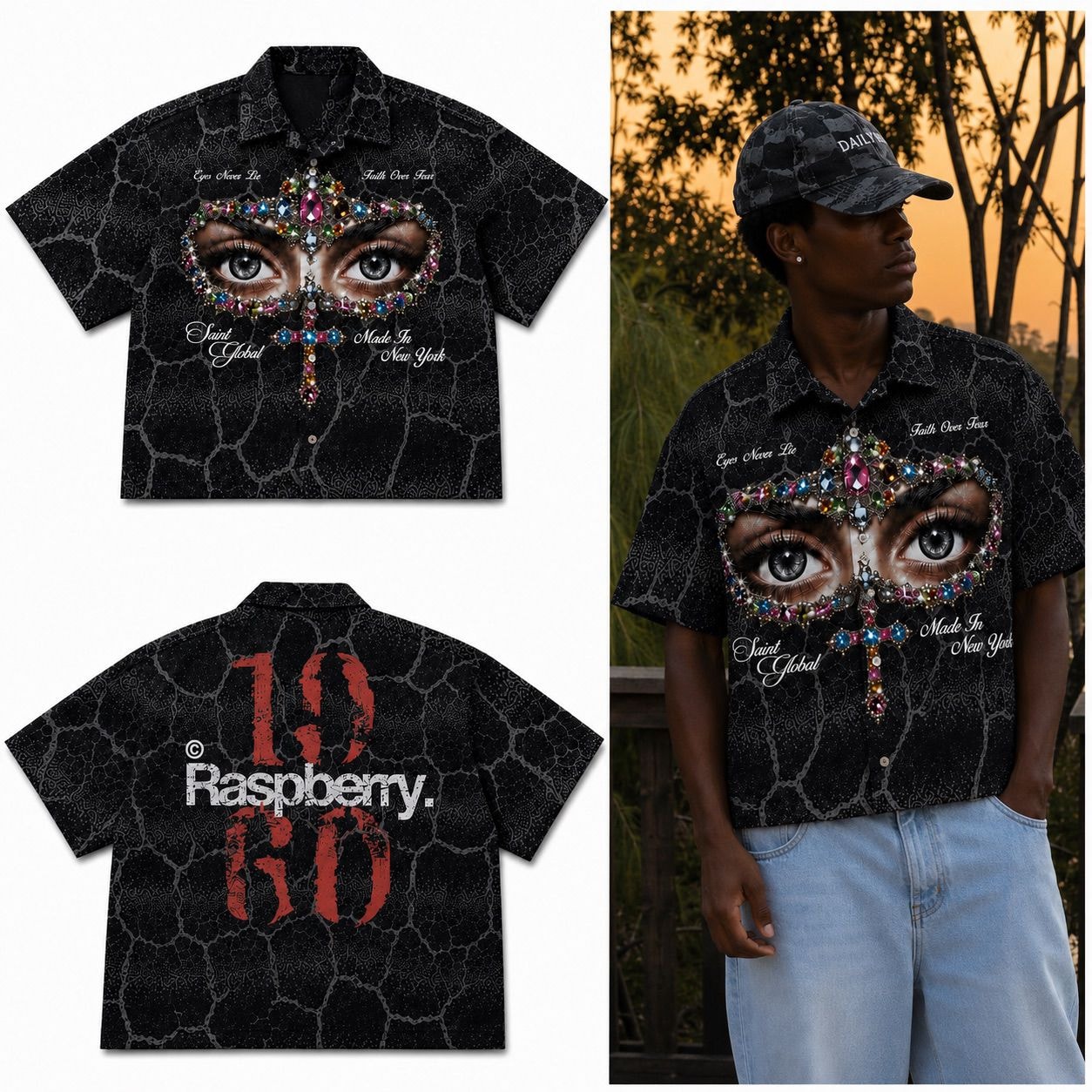 Black crackle print short sleeve shirt with jeweled eyes and cross graphic shown in flat lays and on model.