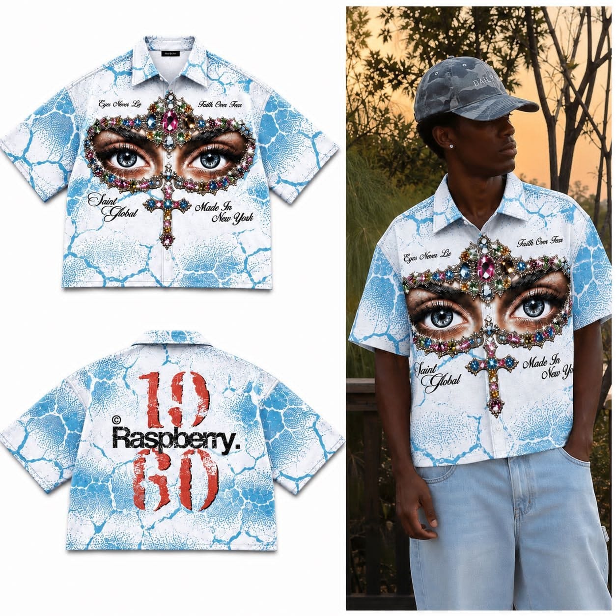 White crackle print short sleeve shirt with jeweled eyes and cross graphic shown in flat lays and on model.