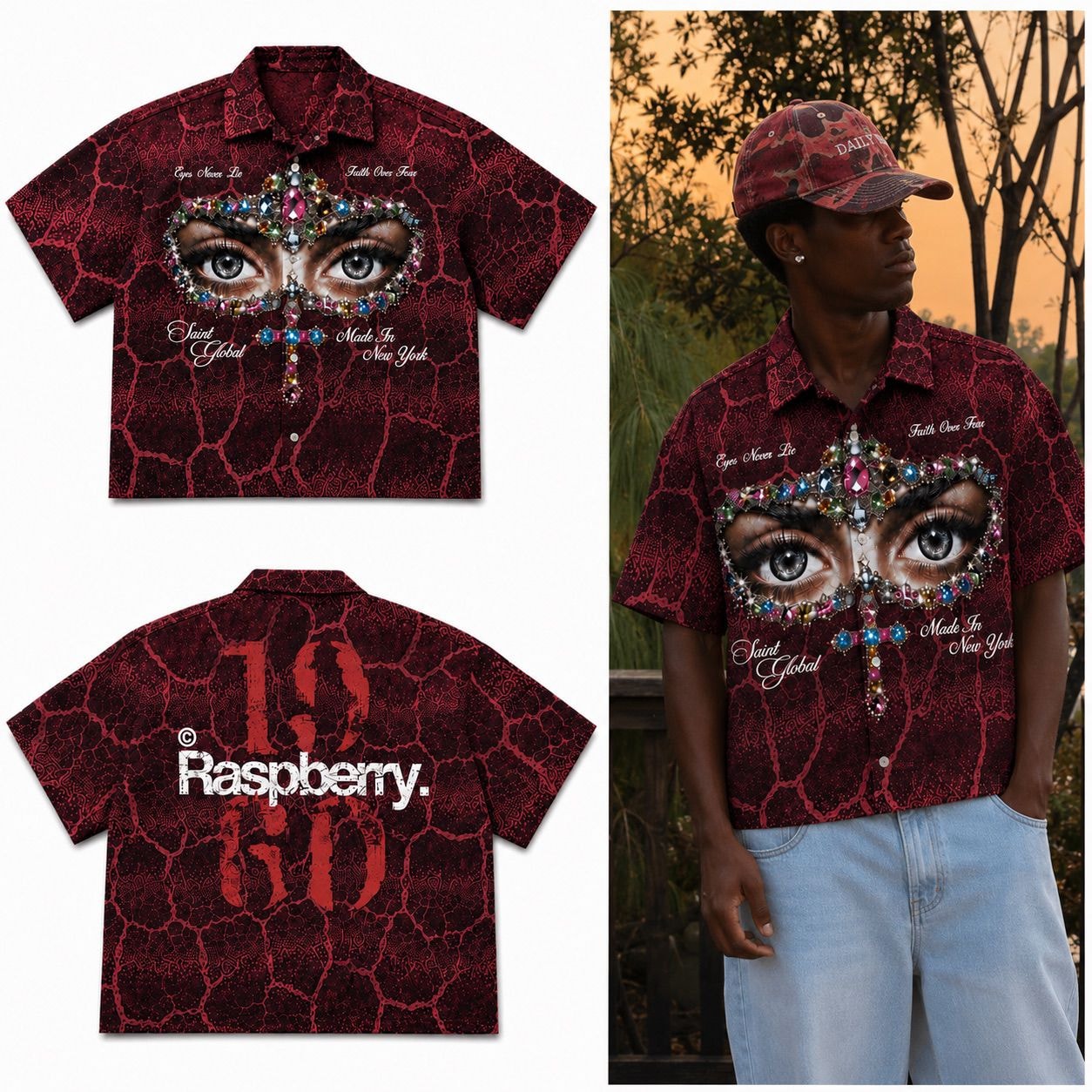 Burgundy crackle print short sleeve shirt with jeweled eyes and cross graphic shown in flat lays and on model.