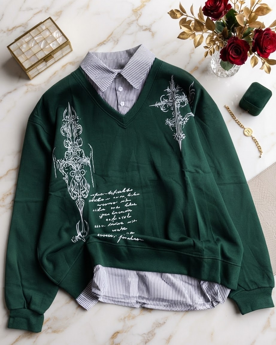 Green V-neck sweatshirt with white gothic prints and script text, layered over striped shirt on marble surface.