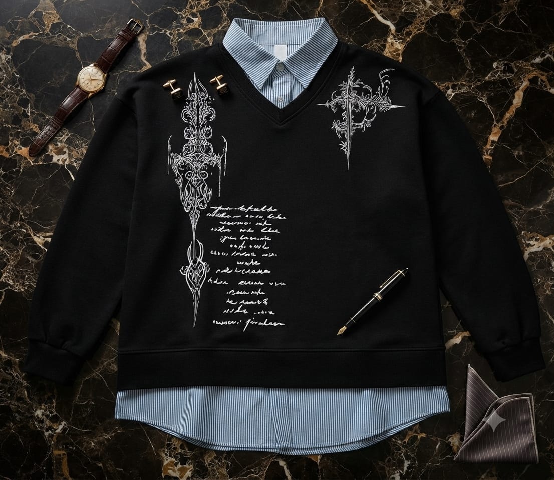 Black V-neck sweatshirt with white gothic cross and script prints, layered over striped shirt with styling accessories.