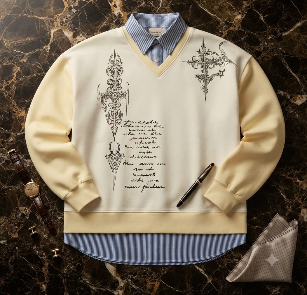 Cream V-neck sweatshirt with black gothic cross and script prints, layered over striped shirt on marble with accessories.