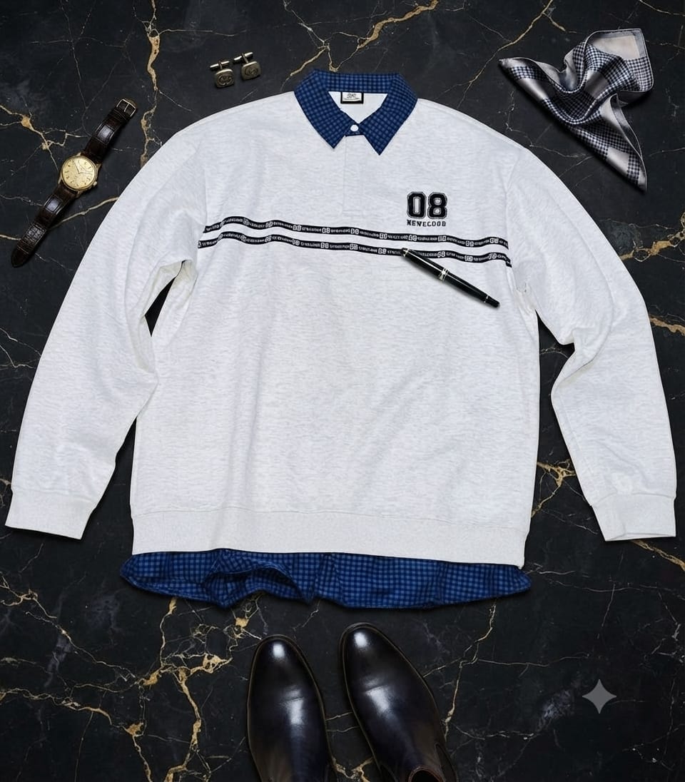 White sweatshirt with blue checkered collar, black logo band across chest, styled with watch, pen and shoes on dark marble.