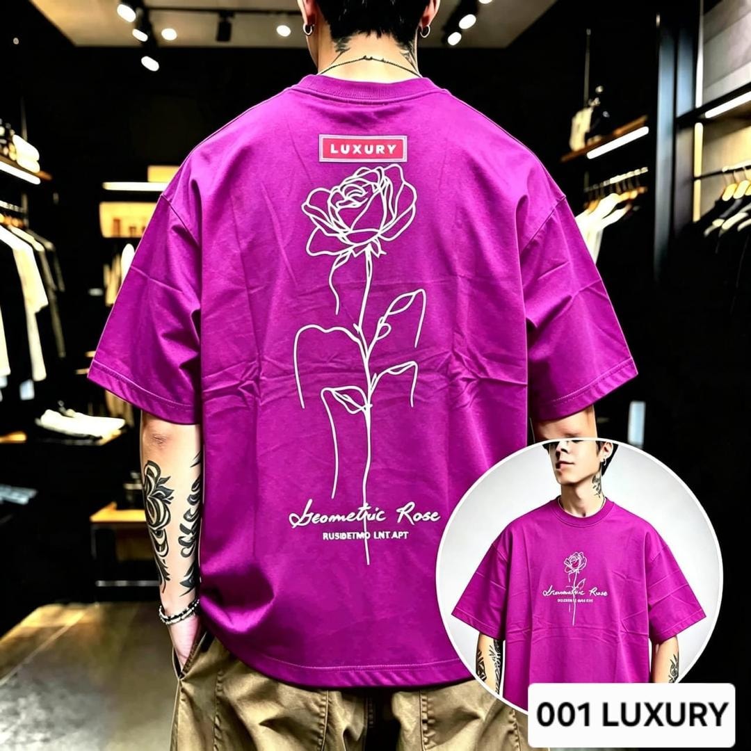 Man modeling purple oversized t-shirt with geometric rose line art on the back.