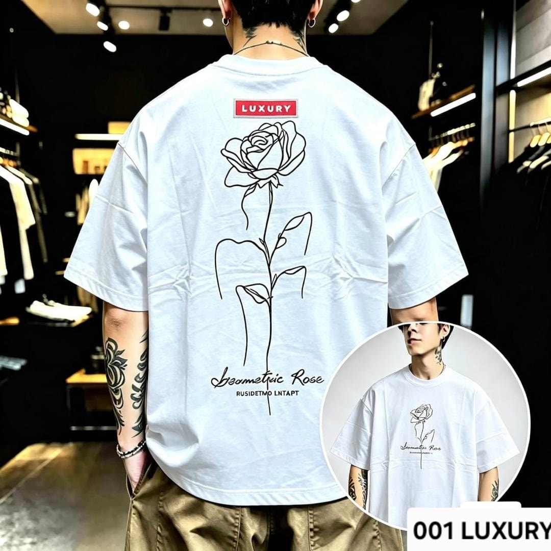 Man modeling white oversized t-shirt with geometric rose line art on the back.