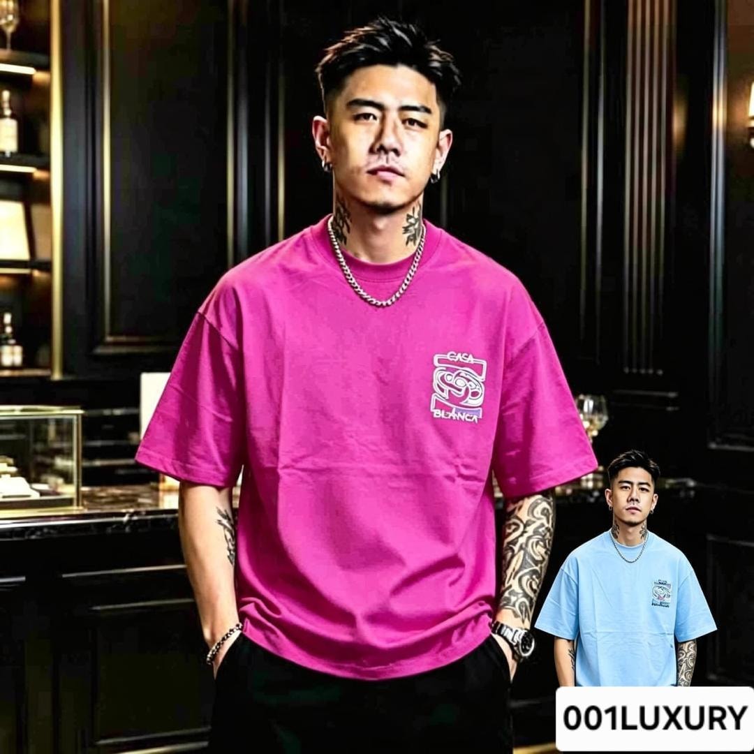 Pink and light blue versions of the Casa Blanca logo oversized t-shirt.