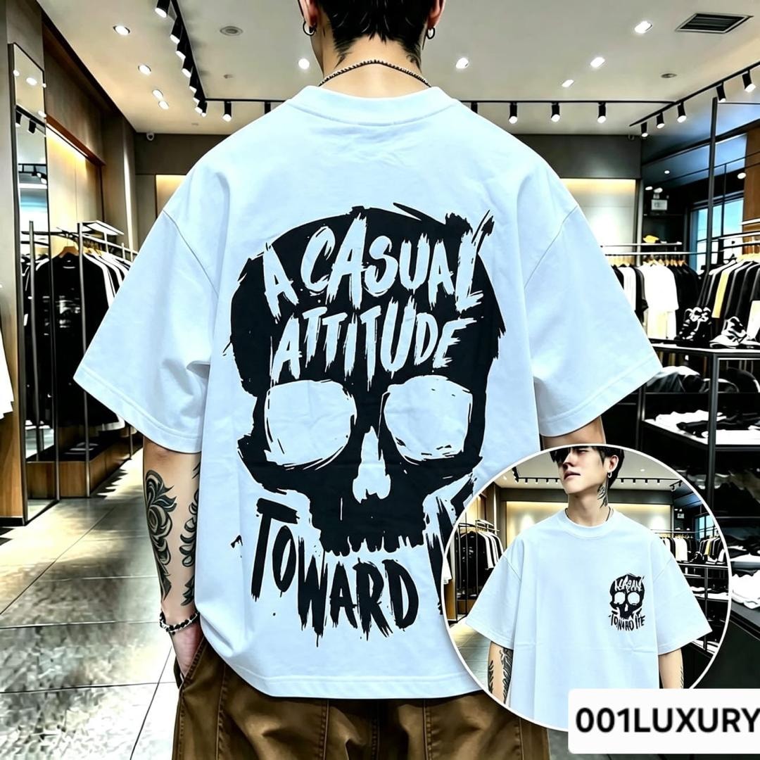 Man modeling white oversized t-shirt with large skull graphic on the back.