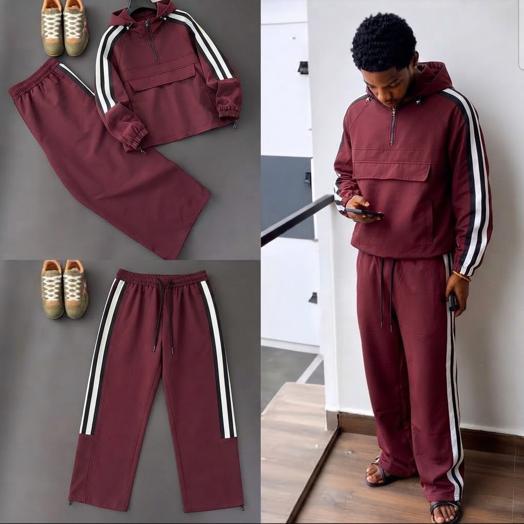 Burgundy striped hooded track suit shown in flat lay and on male model.