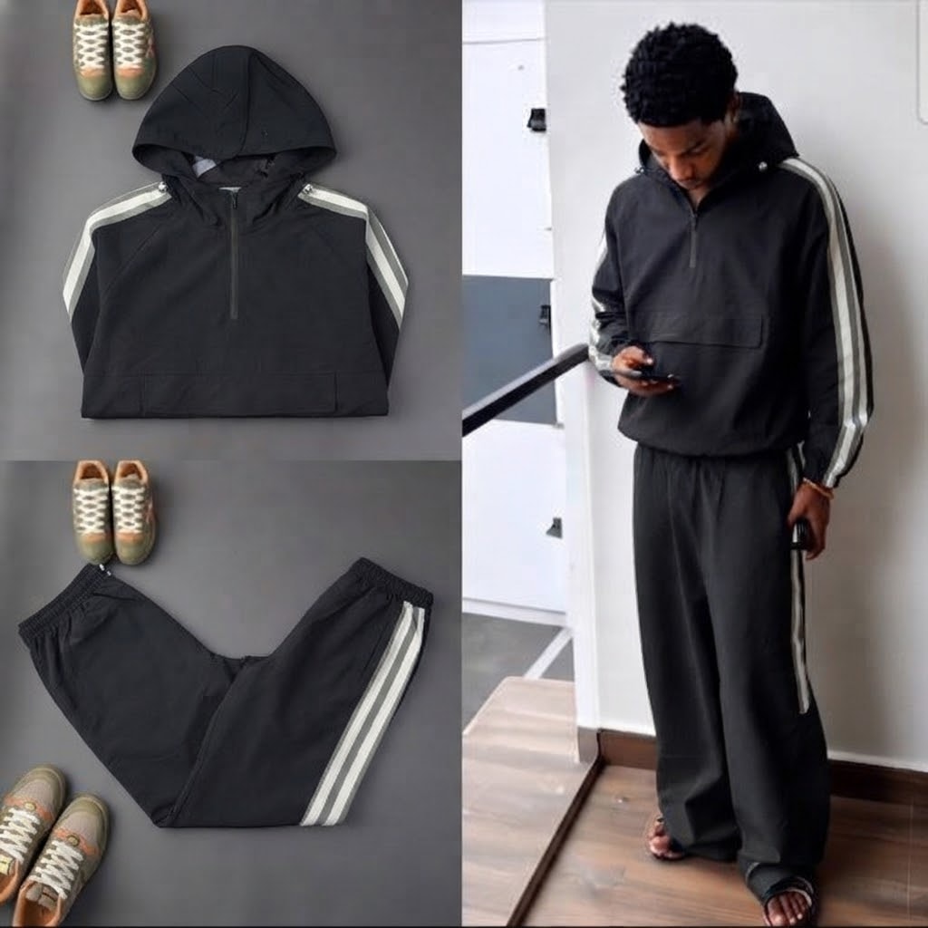 Black striped hooded track suit shown in flat lay and on male model.