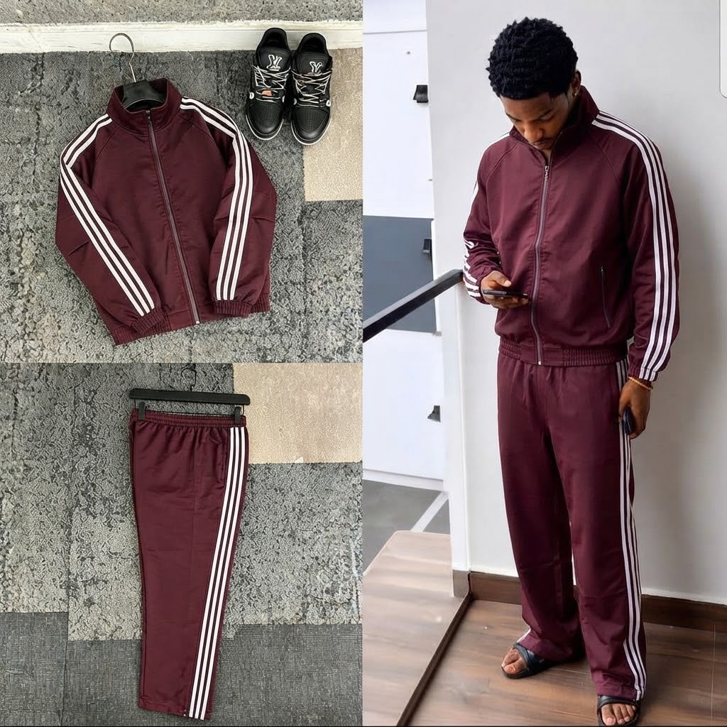Burgundy striped full-zip track suit shown in flat lay and on male model.