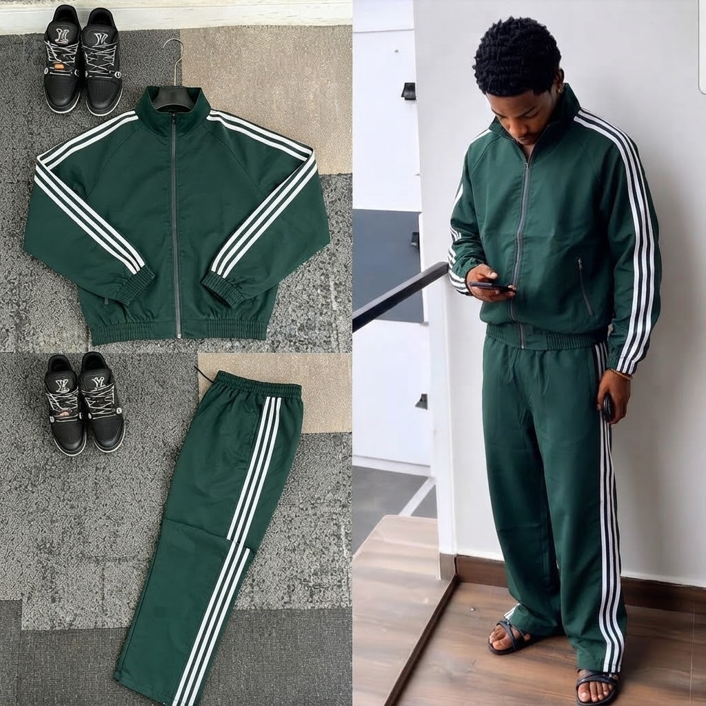 Green striped full-zip track suit shown in flat lay and on male model.