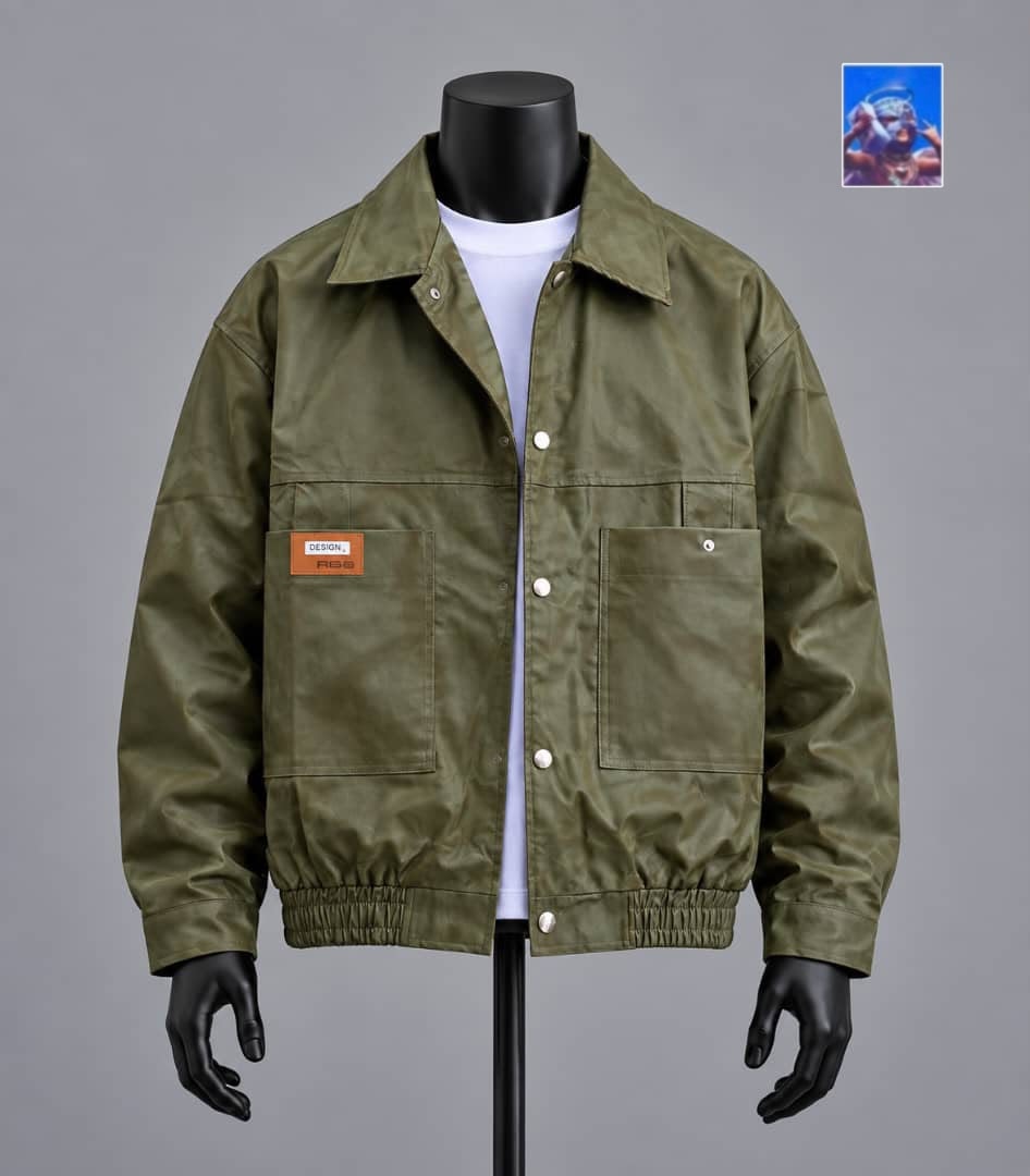 Olive green utility jacket with pockets and chest label on mannequin.