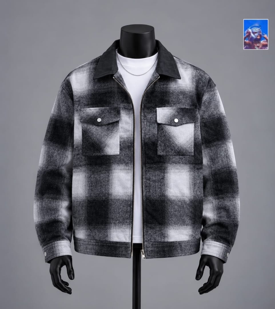 Black and white plaid zip-up fleece jacket on mannequin.