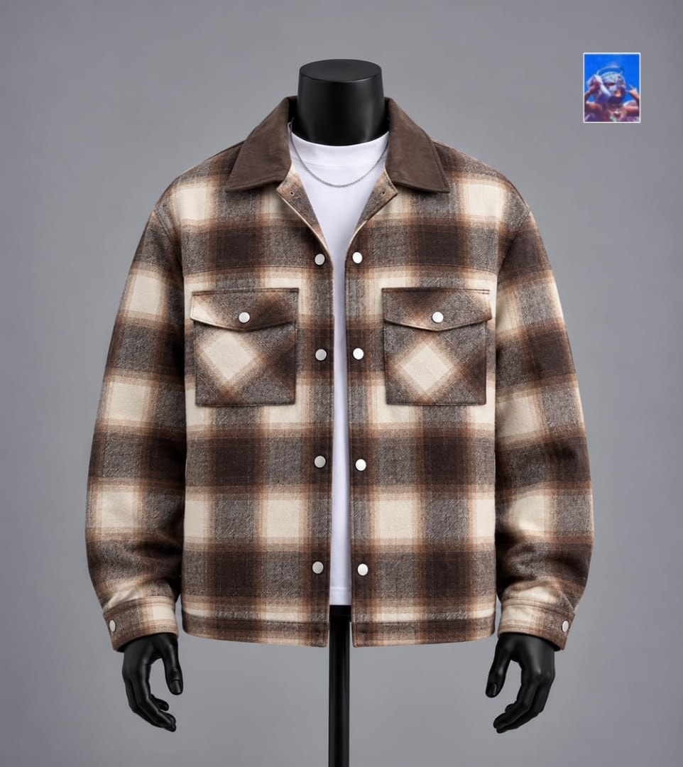 Brown plaid fleece button-up shacket on mannequin with white tee.