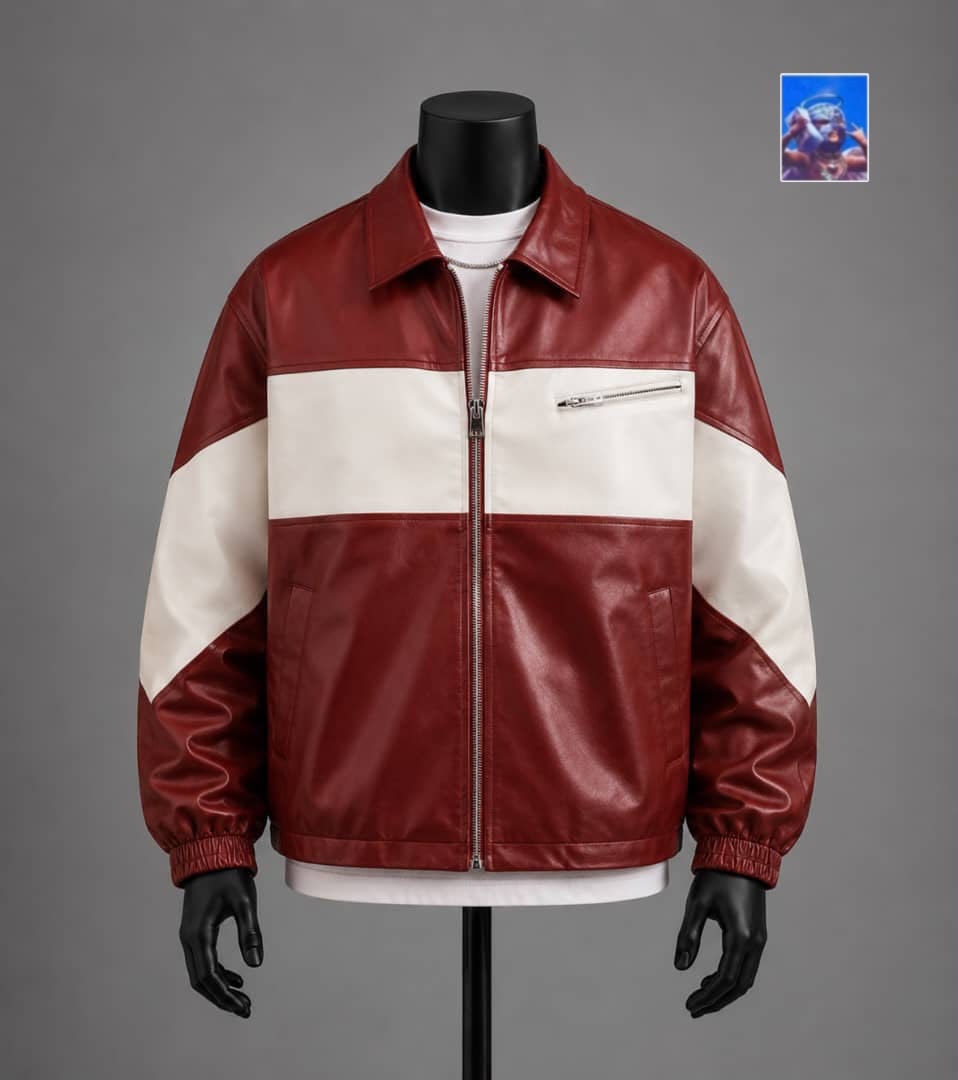 Burgundy and cream colorblock faux leather bomber jacket on mannequin.