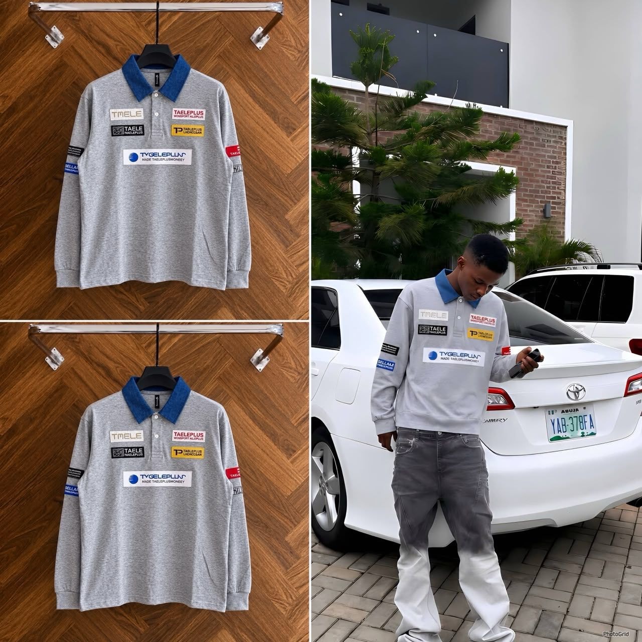 Gray long sleeve polo with patches shown on hangers and worn by model outdoors.