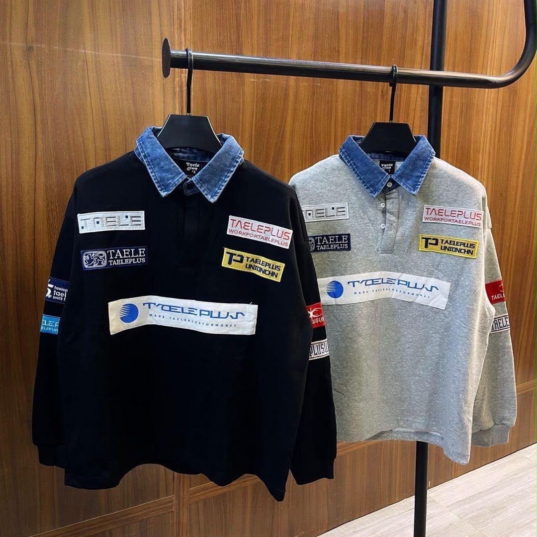 Black and gray long sleeve polos with patches and denim collars shown side by side.