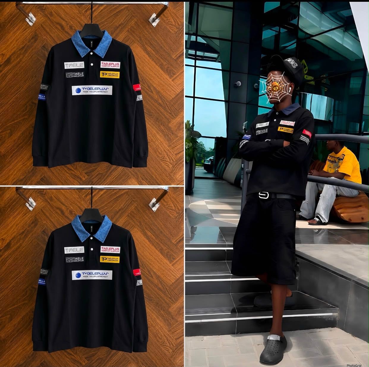 Black long sleeve polo with patches displayed on hangers and worn by model.