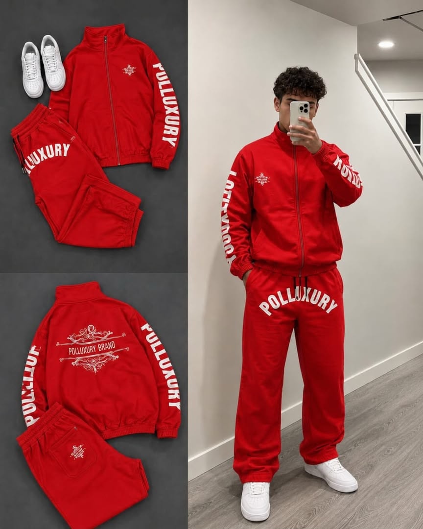 Red POLLUXURY tracksuit set featuring zip-up jacket with logos and matching pants in flatlay and model views.