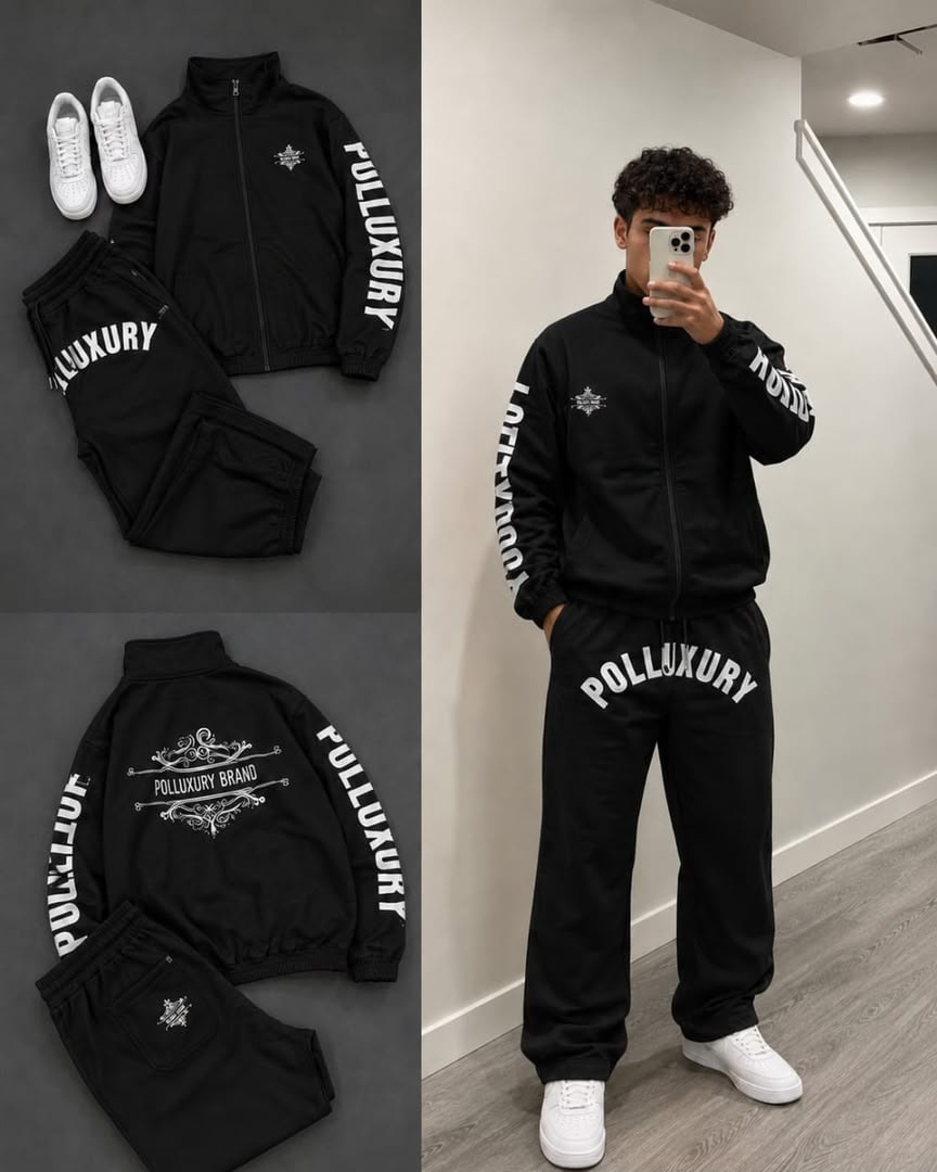 Black POLLUXURY tracksuit set with zip jacket, branded sleeves and pants shown in flat lays and on model.