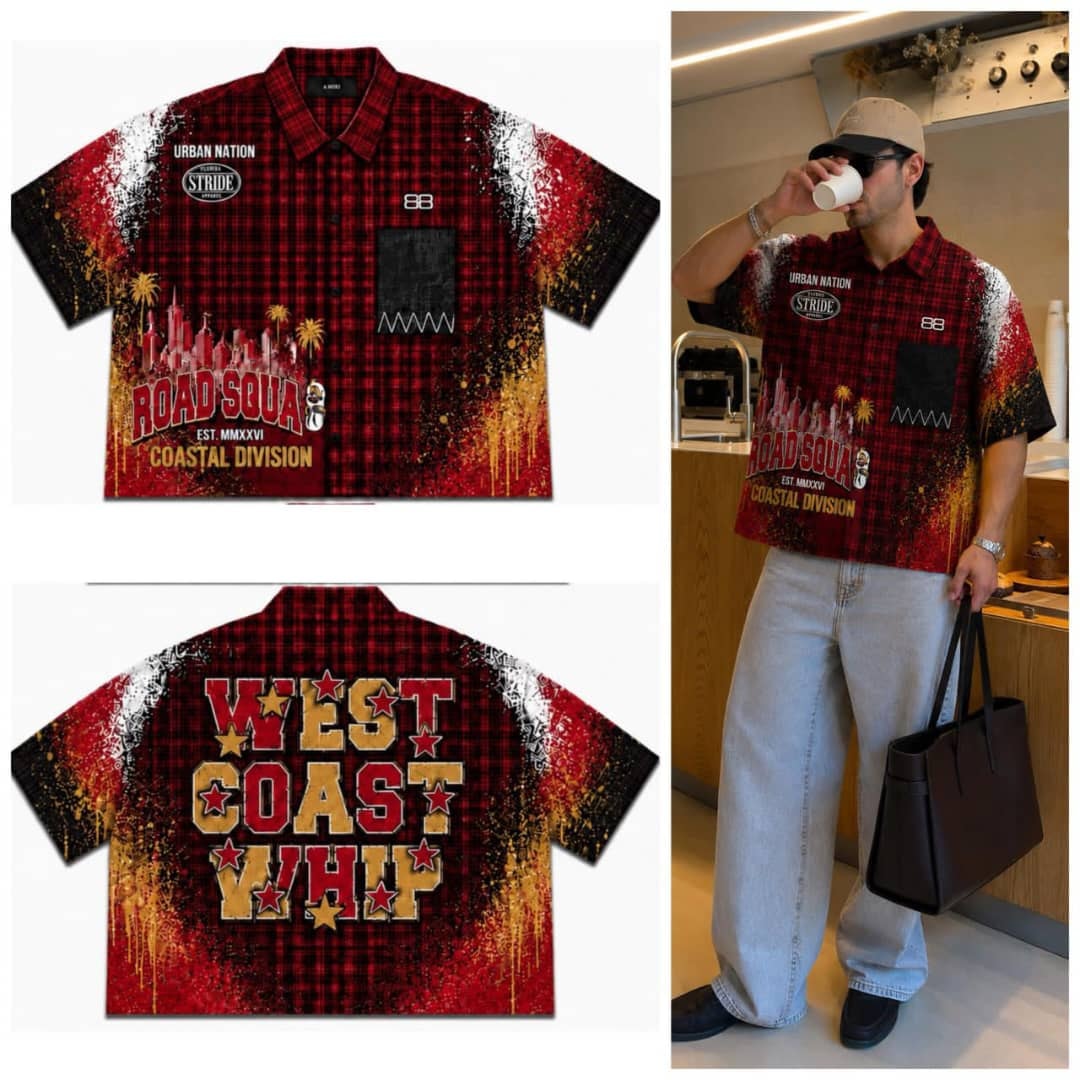 Red plaid graphic short sleeve shirt flat lay front and back with model wearing it.