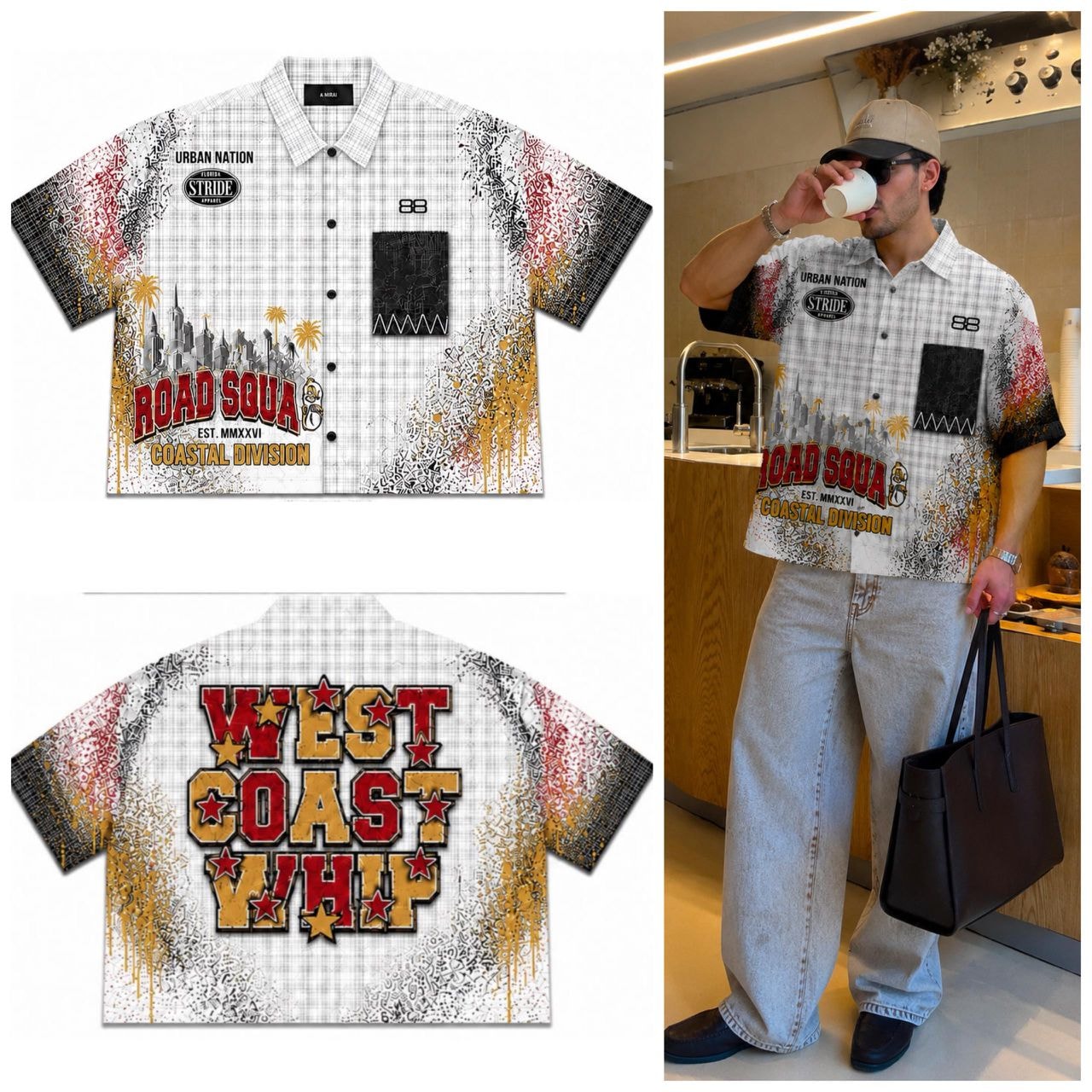 White plaid graphic short sleeve shirt flat lay front and back with model wearing it.