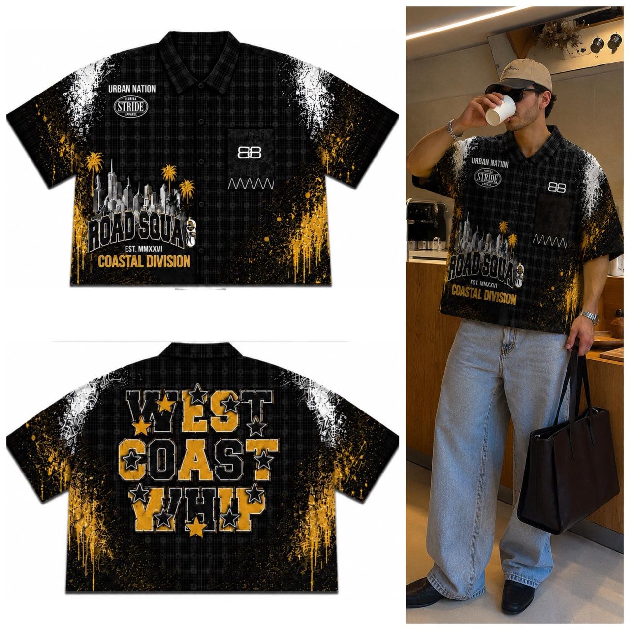 Black plaid graphic short sleeve shirt flat lay front and back with model wearing it.