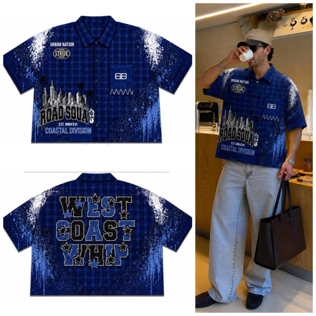 Blue plaid graphic short sleeve shirt flat lay front and back with model wearing it.